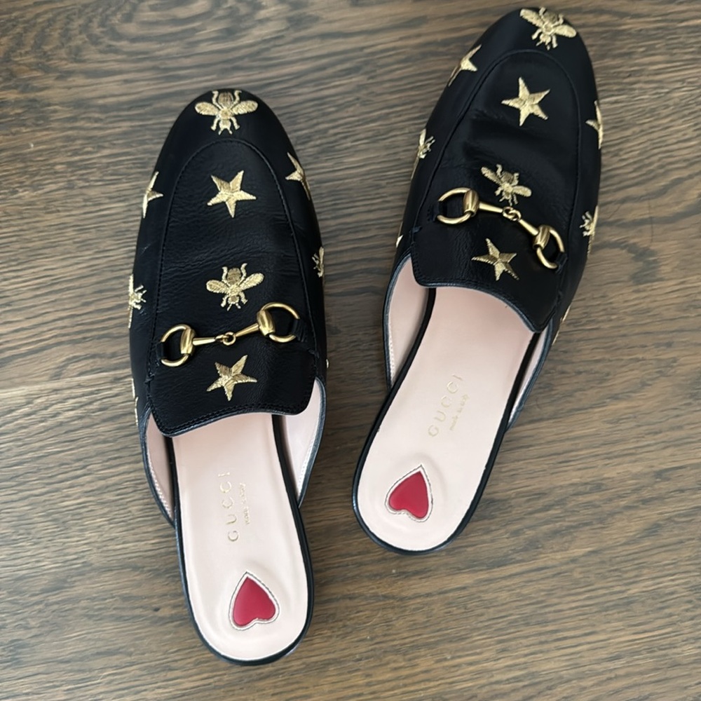 Gucci Princetown Gold Bee Embroidered Black Women's Loafers